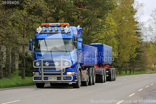 Image of Blue Scania Combination Vehicle Transports Limestone