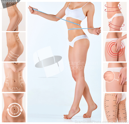 Image of Collage of female body with the drawing arrows