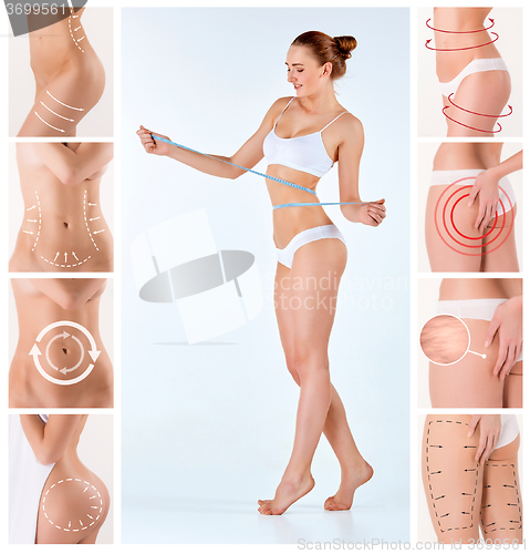 Image of Collage of female body with the drawing arrows