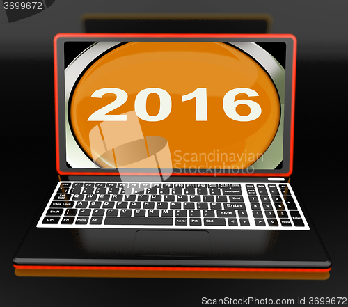 Image of Two Thousand And Sixteen On Laptop Shows New Year 2016