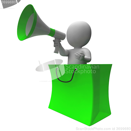 Image of Loud Hailer Shopping Character Shows Sales Or Discounts