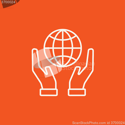 Image of Two hands holding globe line icon.