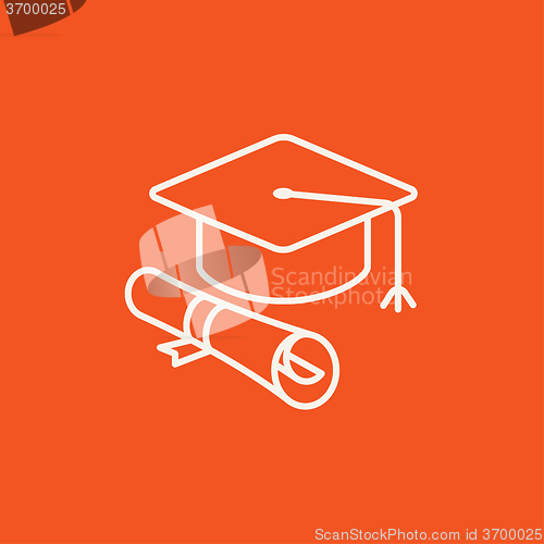 Image of Graduation cap with paper scroll line icon.