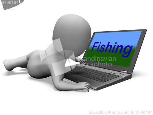 Image of Fishing Character Laptop Means Sport Of Catching Fish On Web