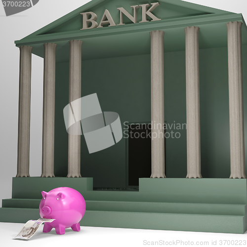 Image of Piggybank Leaving Bank Shows Money Withdrawal