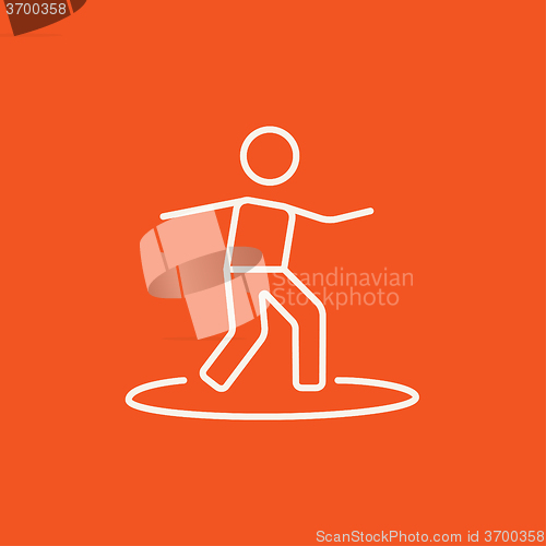 Image of Male surfer riding on surfboard line icon.