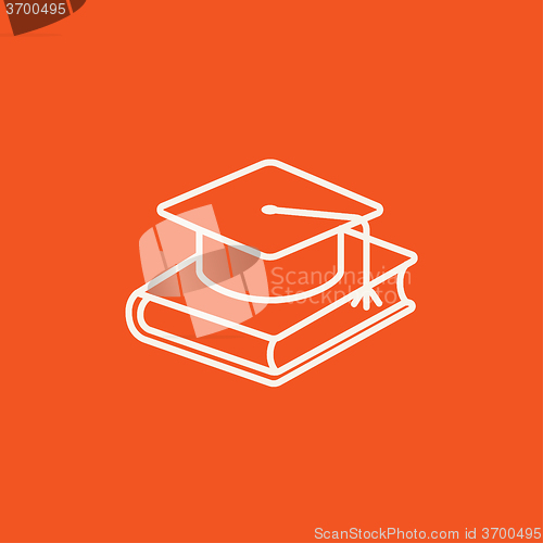 Image of Graduation cap laying on book line icon.