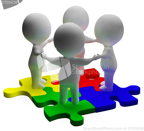 Image of Puzzle Solved And 3d Characters Shows Unity And Teamwork