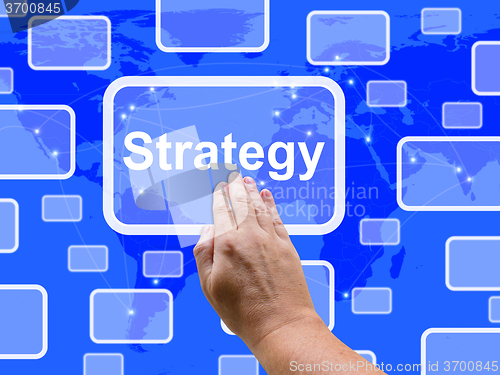 Image of Strategy Touch Screen Shows Business Solution Or Management Goal