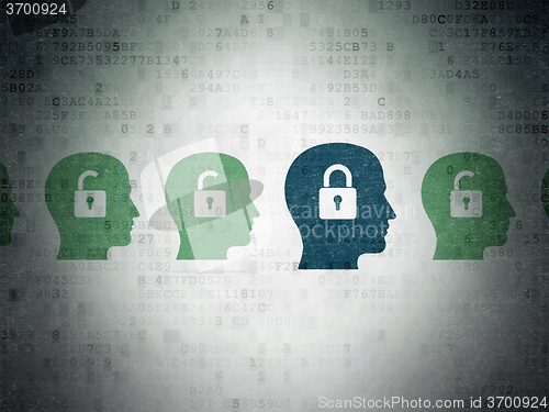 Image of Finance concept: head with padlock icon on Digital Paper background