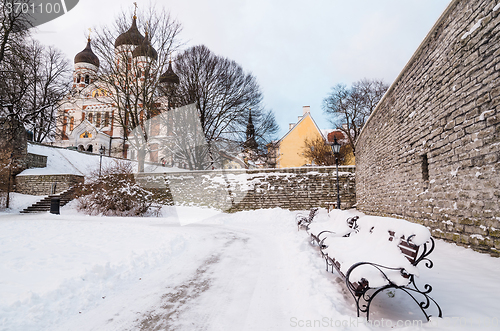 Image of Bench   in the park winter Old Tallinn