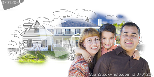 Image of Young Mixed Race Family and Ghosted House Drawing