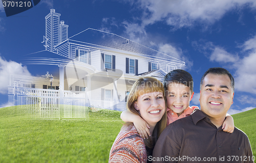 Image of Young Mixed Race Family and Ghosted House Drawing on Grass