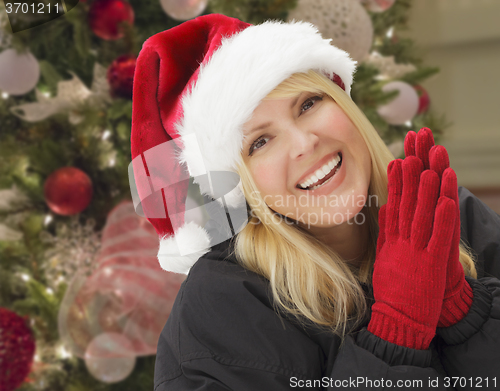 Image of Smiling Woman in Santa Hat In Front of Christmas Tree