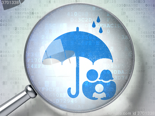Image of Safety concept: Family And Umbrella with optical glass on digital background