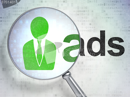 Image of Advertising concept: Business Man and Ads with optical glass