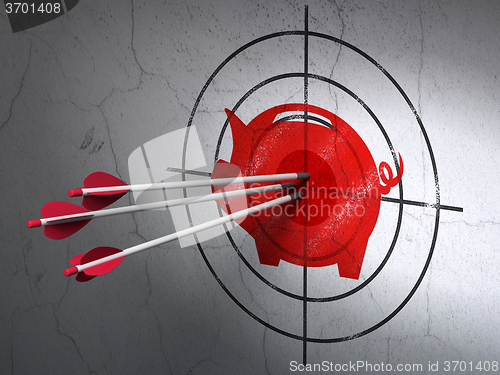 Image of Currency concept: arrows in Money Box target on wall background