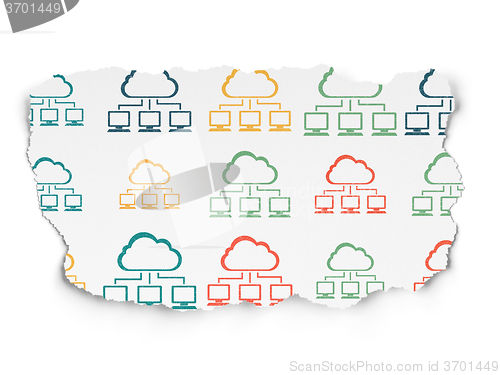 Image of Cloud networking concept: Cloud Network icons on Torn Paper background