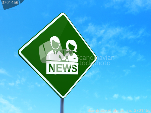 Image of News concept: Anchorman on road sign background