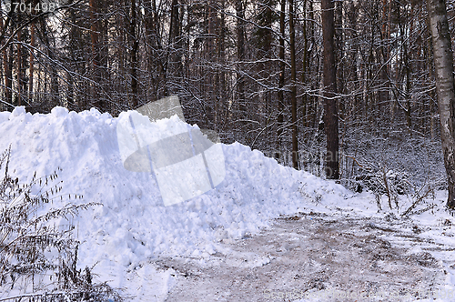 Image of A pile of snow when clearing the road in the woods