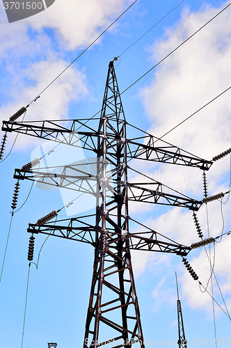 Image of High-voltage electric pole with wires 