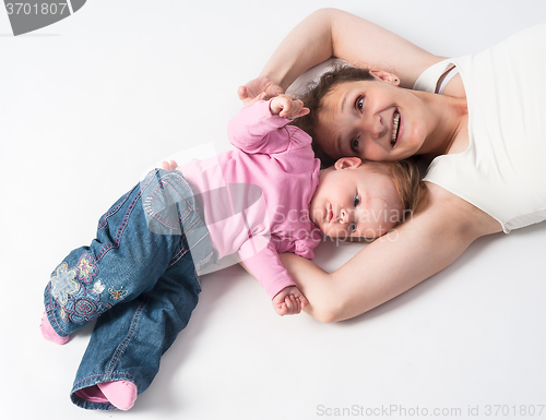 Image of picture of happy mother with baby over white