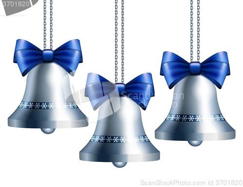 Image of Silver bells with blue ribbon. 