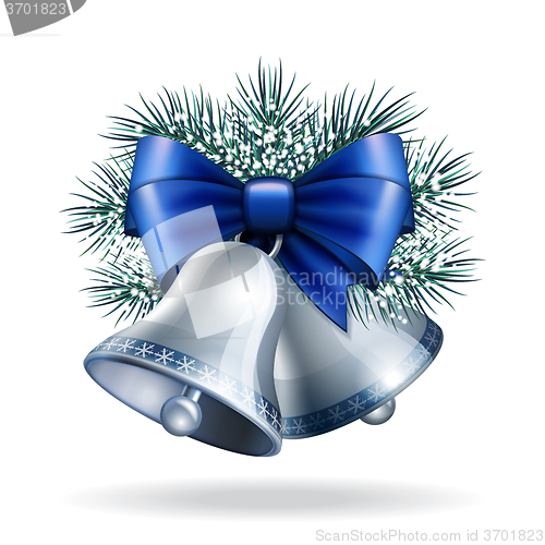 Image of Silver bells with blue ribbon. 