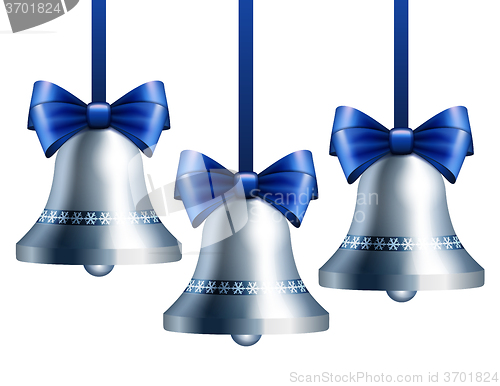 Image of Silver bells with blue ribbon. 