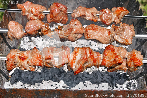 Image of Shish kebab on still skewers