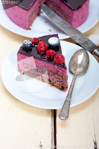 Image of blueberry and raspberry cake mousse dessert