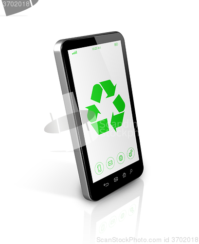 Image of Smartphone with a recycle symbol on screen. environmental conser