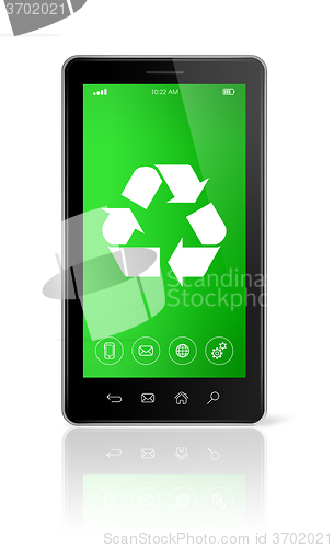 Image of Smartphone with a recycling symbol on screen. environmental cons