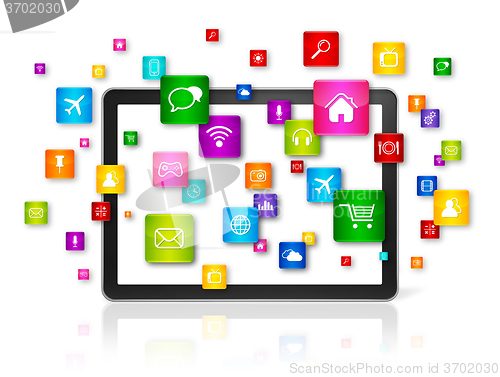 Image of Tablet PC and flying apps icons