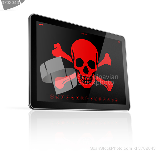 Image of Tablet PC with a pirate symbol on screen. Hacking concept