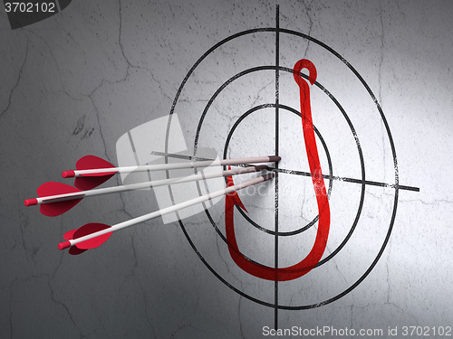 Image of Privacy concept: arrows in Fishing Hook target on wall background