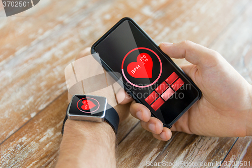 Image of close up of hands with smart phone and watch