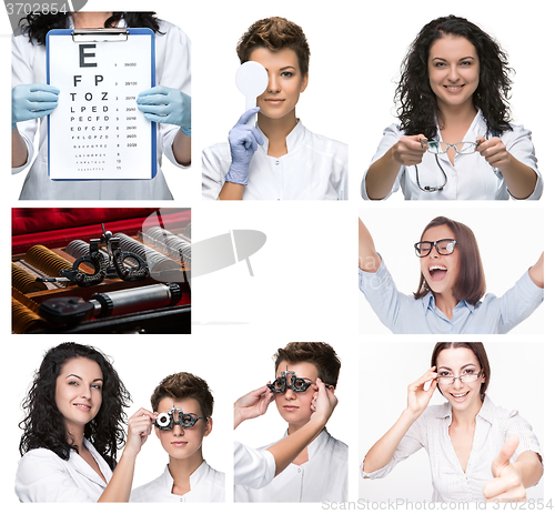 Image of The collage  with optometrist and glasses 