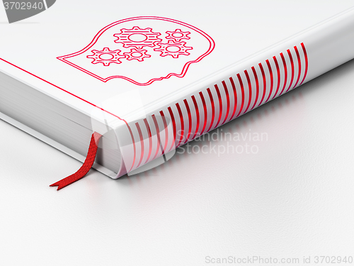 Image of Marketing concept: closed book, Head With Gears on white background