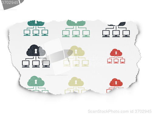 Image of Cloud technology concept: Cloud Network icons on Torn Paper background