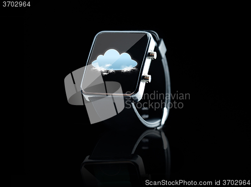 Image of close up of black smart watch with cloud icon