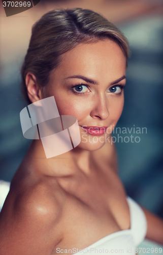 Image of close up of woman in swimsuit at swimming pool
