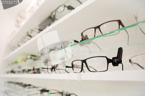 Image of close up of eyeglasses at optician