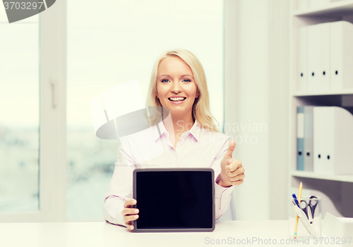 Image of smiling businesswoman or student with tablet pc