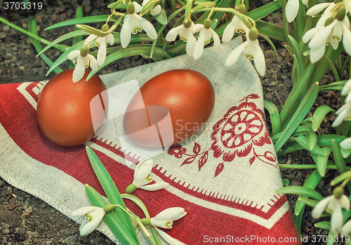 Image of Two Easter eggs and snowdrops.