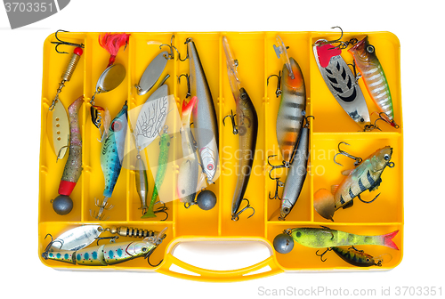 Image of Fishing tackle: a set of spoons in the container.