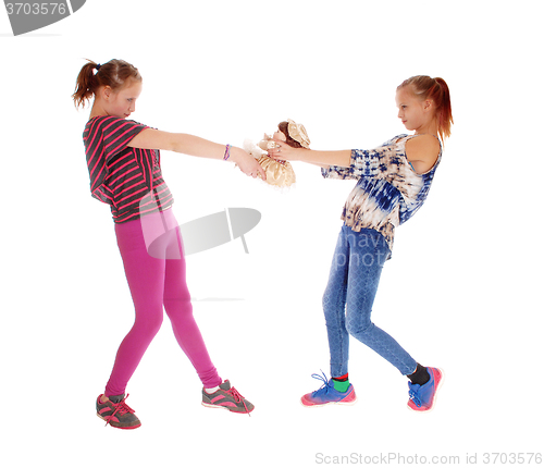 Image of Two girls fighting for dolly.
