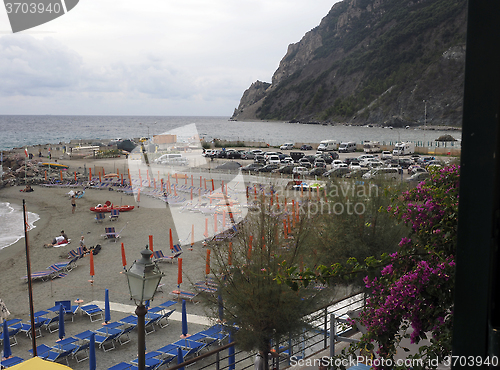 Image of editorial beach in Monterosso Cinque Terre Italy with tourists a