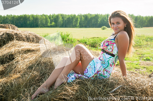 Image of Young blond woman sits on hay