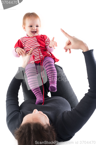 Image of picture of happy mother with baby over white